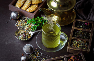 Tea in a cup on an old background