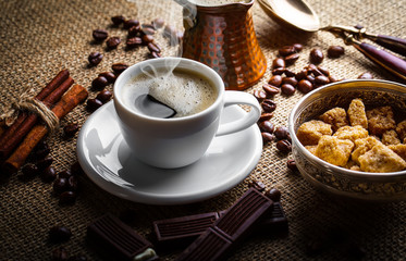 Black coffee on old background