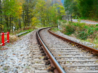Tilt shift image of winding railroad tracks
