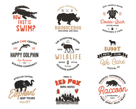 Wild animal Badges set and great outdoors activity insignias. Retro illustration of animal badges. Typographic camping style. wild Animal logos with letterpress effect. Explorer quotes. Part 2