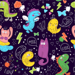 Animal cute pattern with lines, stars, dots. Cartoon style with animal repeated backdrop for child, textile, clothes, wrapping paper. Funny dino, birds,mermaid drawing in bright neon colors.