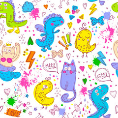 Animal cute pattern with lines, stars, dots. Cartoon style with animal repeated backdrop for child, textile, clothes, wrapping paper. Funny dino, birds,mermaid drawing in bright neon colors.
