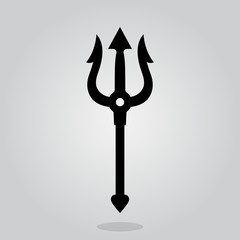 Simple, short trident icon. Devil trident. Black silhouette. Isolated on a grey gradient background