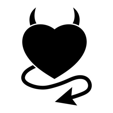 Simple devil heart icon. Heart with horns and a tail. Black silhouette. Isolated on white