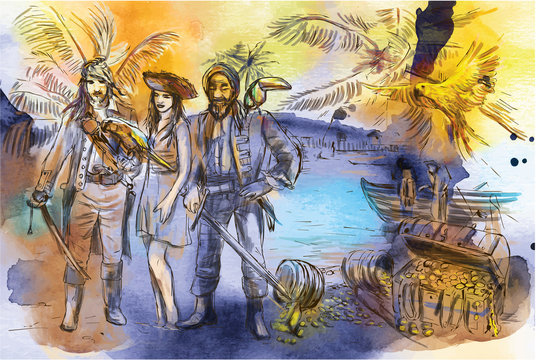 Pirates. An hand drawn illustration. Freehand drawing, painting. Vector