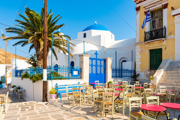 The beautiful main square of Chora in Serifos island. Cyclades, Greece - obrazy, fototapety, plakaty