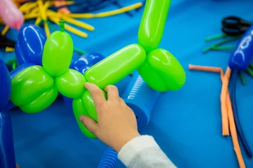 Poster Boy's hands with balloon animal toy on twisting art workshop © romankosolapov
