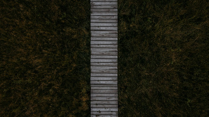 Wooden footbridge on a field in a forest from drone