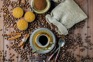 Black coffee on old background