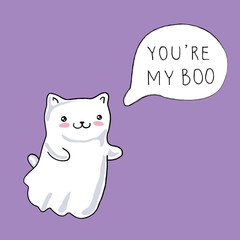 Halloween card with cat as kawaii ghost. Vector illustration
