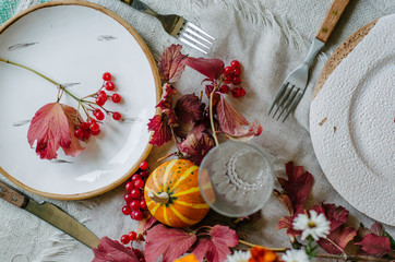 Autumn table setting with beautiful plates, pumpkins and and flowers, fall home decoration for...