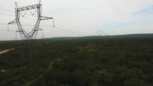 Aerial view of high voltage power line. Drone France