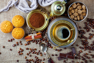 Black coffee on old background