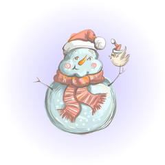 Christmas greeting - Snowman feeding a bird - everything grouped for easy use - vector illustration