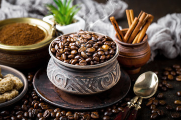 Coffee beans on the old background