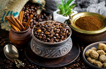 Black coffee on old background