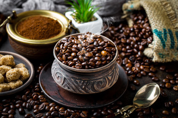 Coffee beans on the old background