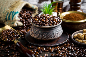 Coffee beans on the old background