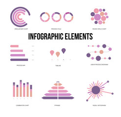 Infographic Elements, Timeline Presentation Vector Set. Pink, Purple Female Elegant Data Visualisation Design. Annual Rating Diagram, Path, Target Chart. Statistics Website Infographic Elements