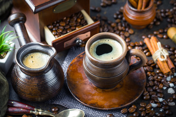 Black coffee on old background