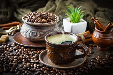 Black coffee on old background