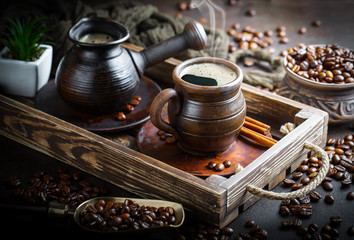 Black coffee on old background