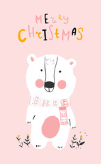Christmas card with cute bear on background. Pink greeting postcard