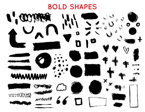 Set of bold brush stroke shapes, swashes for decor, frames, inscriptions, logos in grunge design