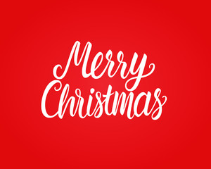 Merry Christmas white hand drawn lettering text inscription. Vector illustration isolated on red background. Holiday Greeting Design Card