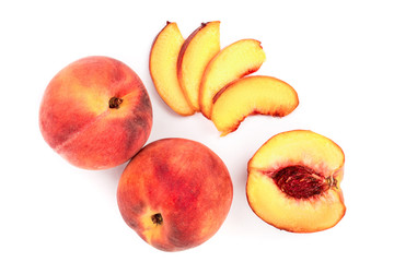 ripe peaches isolated on white background. Top view. Flat lay pattern