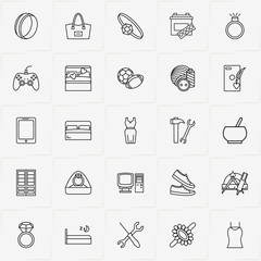 Catalog line icon set with ring, bed and lady bag