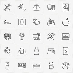 Catalog line icon set with dress, soccer and rugby ball  and tools