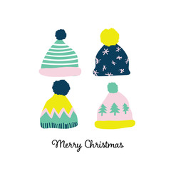 christmas card vector illustration. winter pom pom hats. 