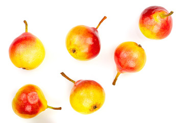 ripe red yellow pear fruits isolated on white background. Top view. Flat lay pattern. Set or collection