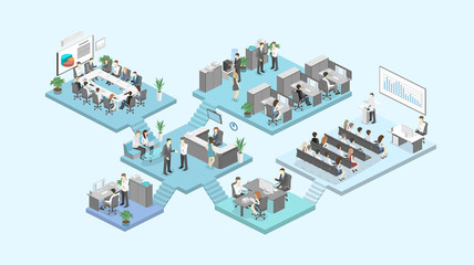 Isometric flat 3d abstract office floor interior departments concept vector.