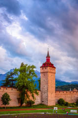 Fototapeta na wymiar Old city wall and towers in Luzern, Switzerland