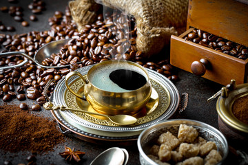 Black coffee on old background