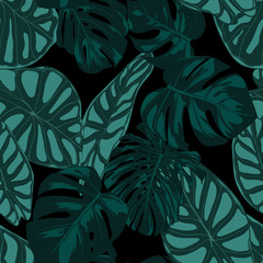 Vector Tropic Seamless Pattern. Philodendron and Alocasia Leaves. Hand Drawn Jungle Foliage in Watercolor Style. Exotic Background. Seamless Tropic Leaf for Textile, Cloth, Fabric, Decoration, Paper.