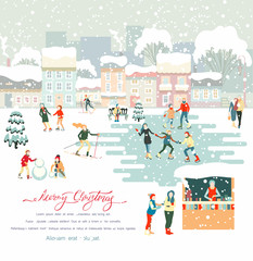 Merry Christmas winter poster with people walking in snowy park.