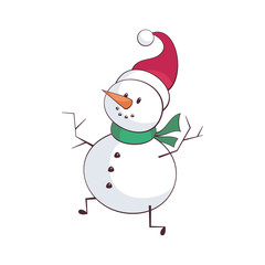 Cheerful snowman in cartoon style. Childhood vector illustration isolated on a white background.