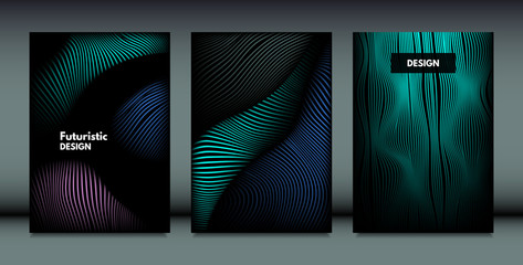 Distortion of Wavy Lines. Trendy Abstract Backgrounds with Vibrant Gradient. Movement and Volume Effect. Futuristic Cover Templates Set for Presentation, Poster, Brochure. Distortion of 3d Shapes.