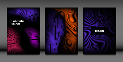 Abstract Wave Shapes. Cover Design Templates Set with Vibrant Gradient and Volume Effect in Futuristic Style. Vector Abstraction with Distorted Lines. Abstract Wavy Shapes for Cover, Magazine, Poster.