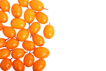 Sea buckthorn. Fresh ripe berry isolated on white background with copy space for your text. Top view. Flat lay pattern