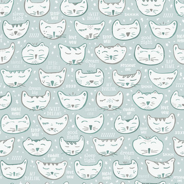 Seamless Vector Neutral Baby Nursery Decor Sleepy Kitty Cat Characters in Pastel Turquoise & Gray