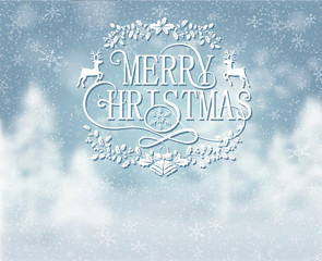 Merry Christmas blue greeting card with snow.