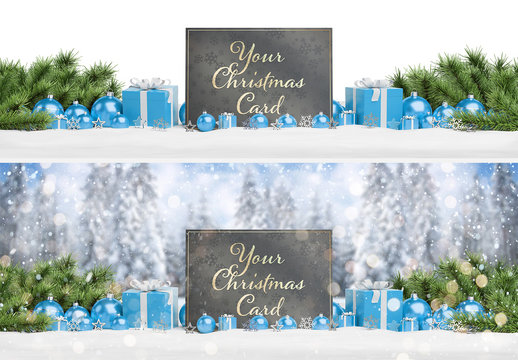 Christmas Card on Snow With Blue Ornaments Mockup