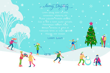 Merry Christmas poster with people spend holidays in park.