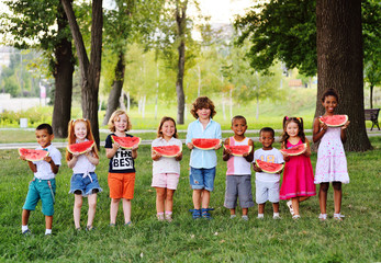 Fototapeta premium a group of cheerful happy children eat a ripe watermelon in the Park on the grass on a Sunny summer day