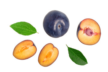 plums with leaf isolated on a white background. Top view. Flat lay pattern