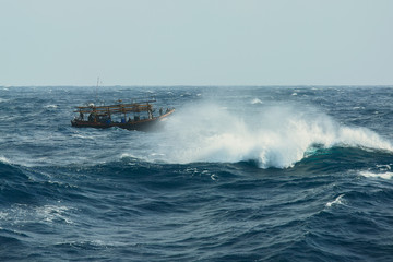 North Korean fishermen in the stormy sea